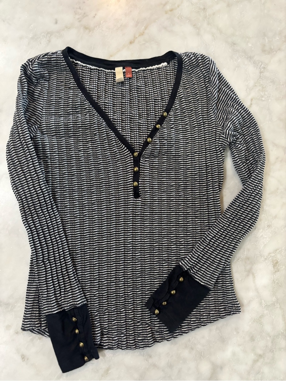 Pilcro Black and White Cotton Striped Long Sleeve Henley- Small